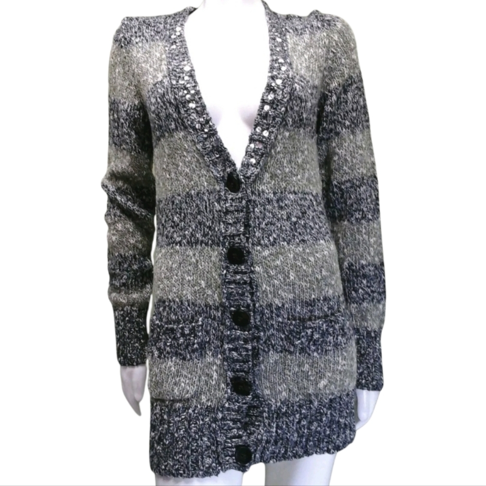 Mudd Large Gray & Olive Green Striped Spft Knitted Cardigan Sweater with Sequins